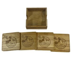 Disney World Land Minnie Mouse Annual Passholder Wooden Coaster Set With Holder